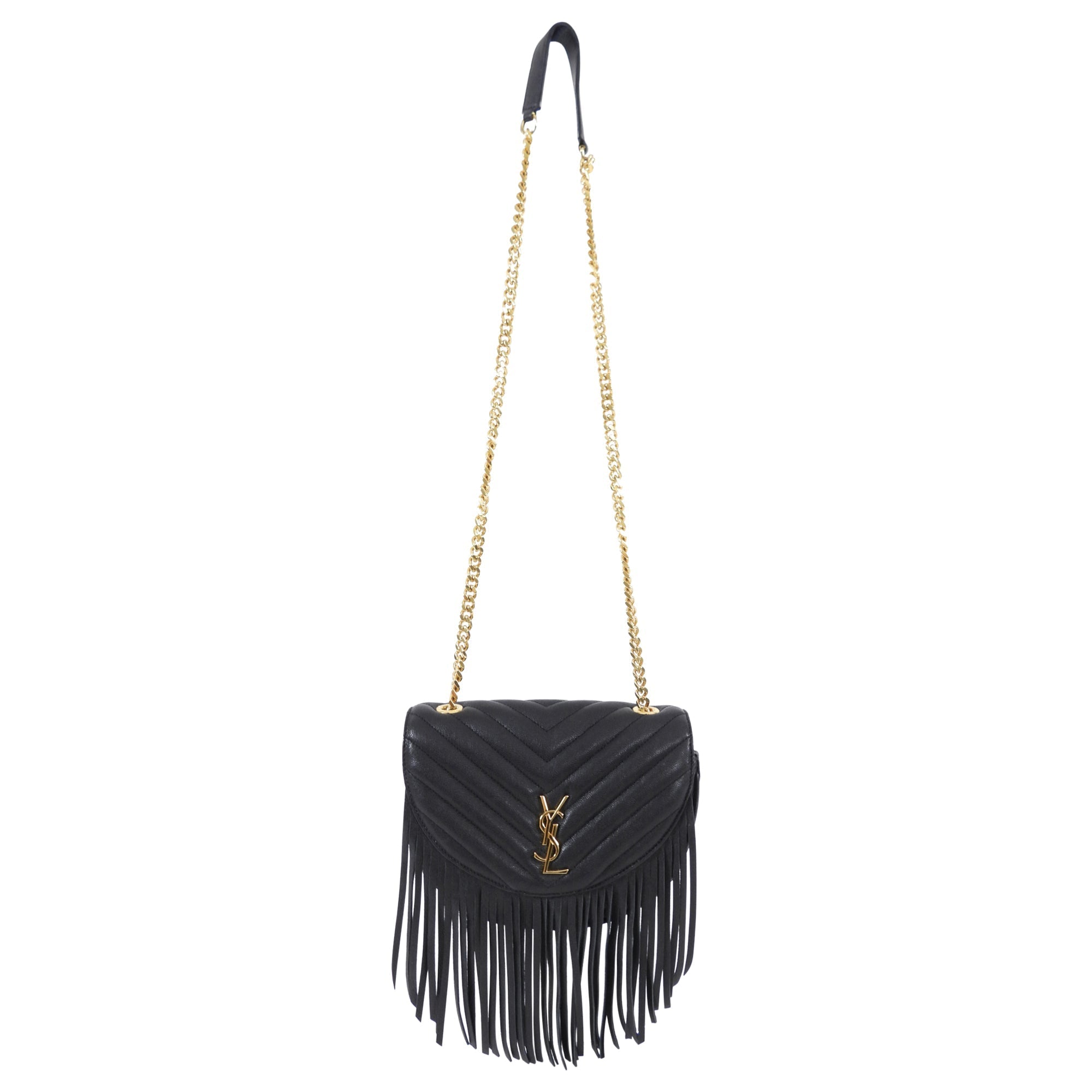 Saint Laurent Black Chevron Quilt Fringe Chain Shoulder Bag