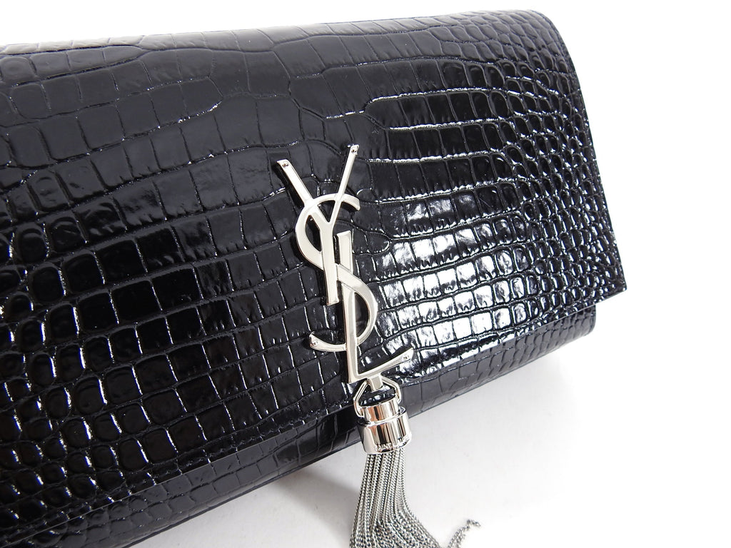Saint Laurent Kate Black Croc Embossed Tassel Medium Chain Bag