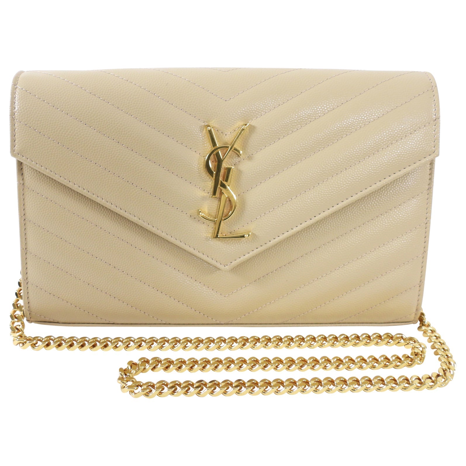 Saint Laurent Beige Chevron Monogramme Chain Wallet Bag