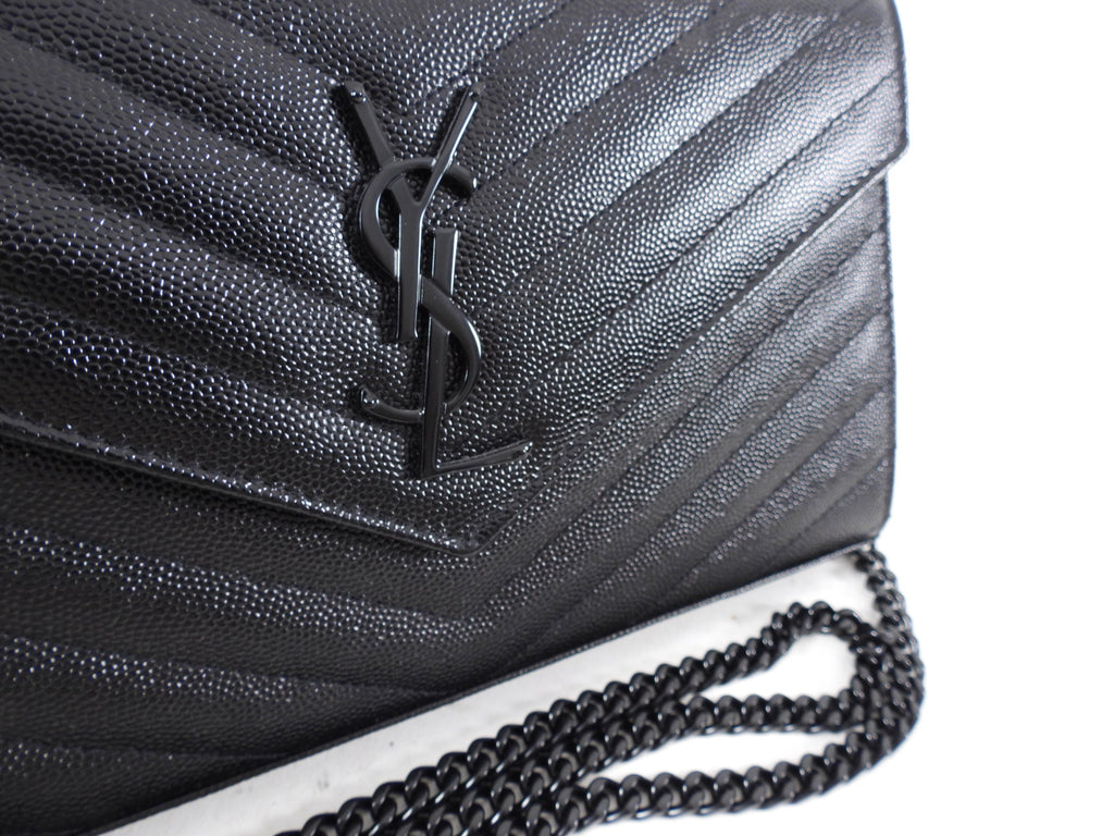 Saint Laurent All Black Monogram Chevron Envelope Chain Wallet