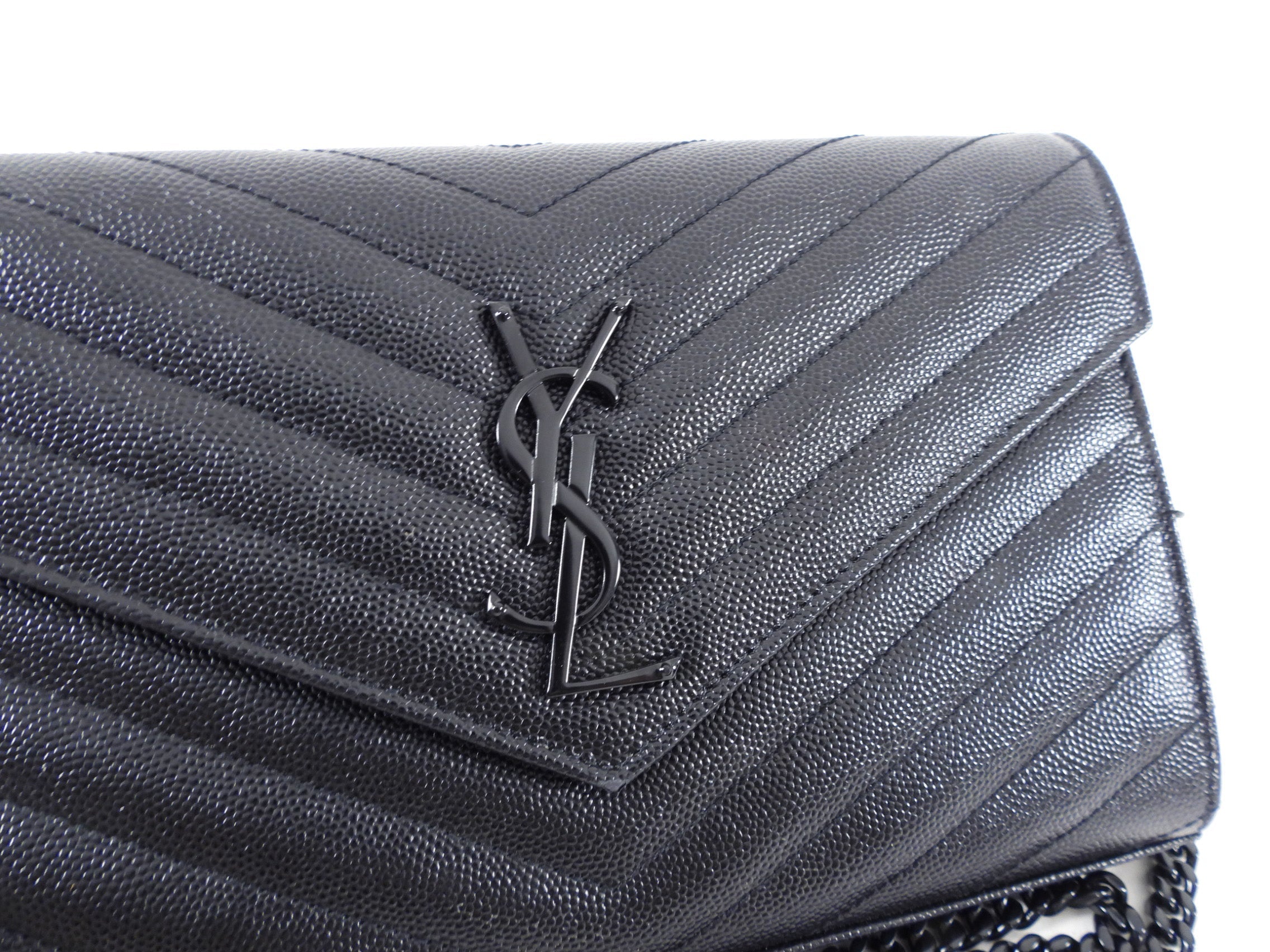 Saint Laurent All Black Chevron Envelope Chain Wallet