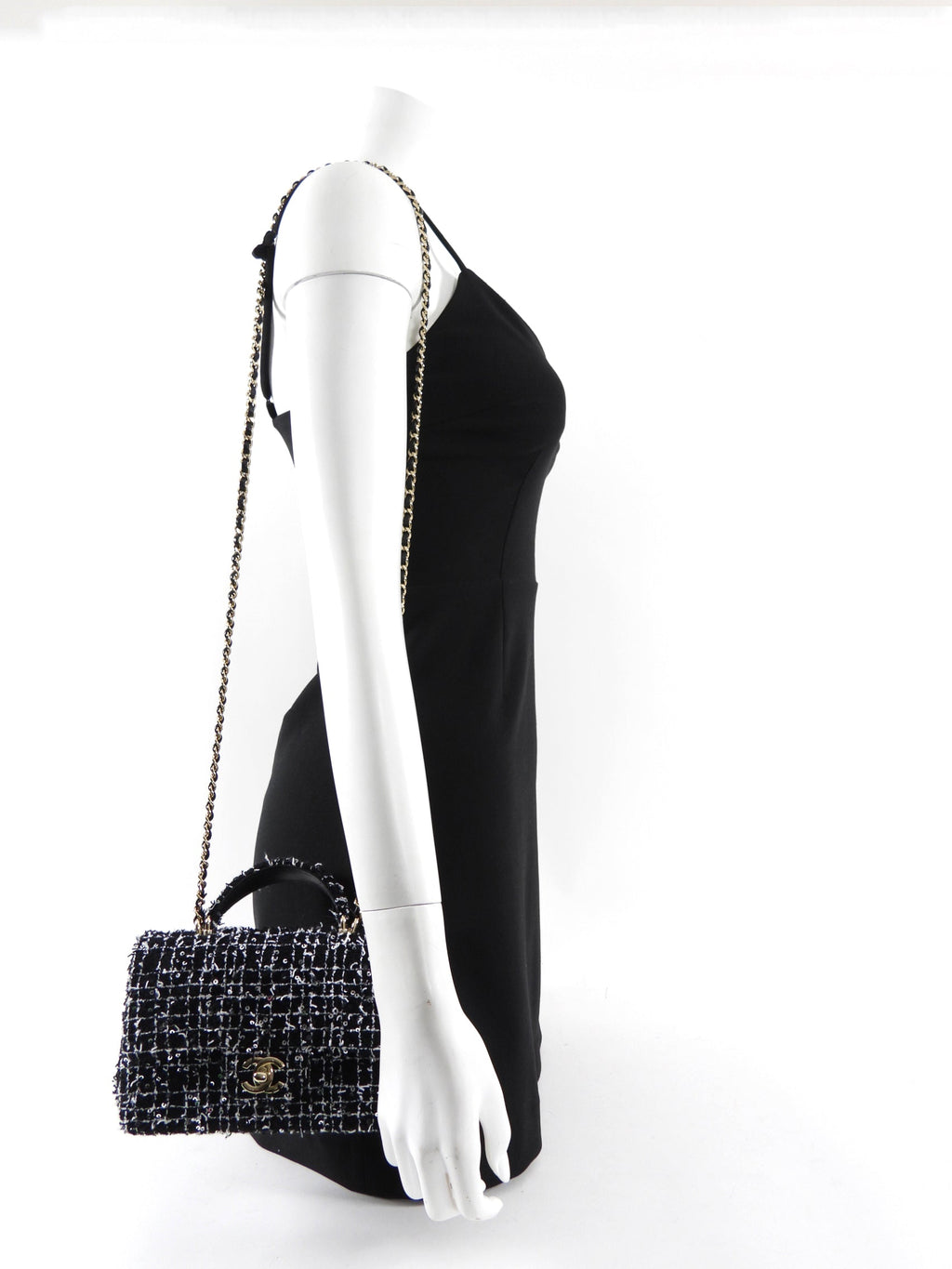 Chanel 24P Black and White Fantasy Tweed Mini Top Handle Chain Bag