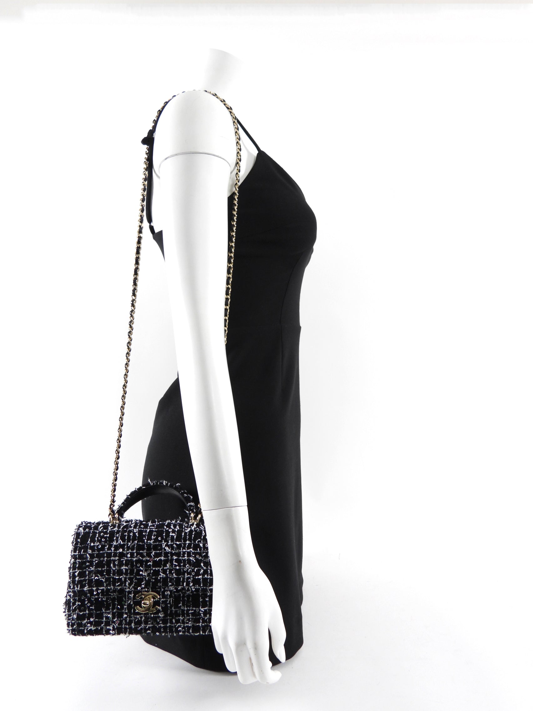 Chanel 24P Black and White Fantasy Tweed Mini Top Handle Chain Bag