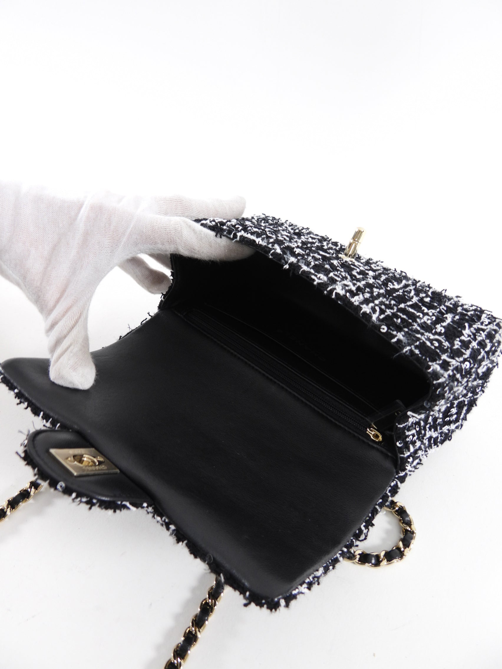Chanel 24P Black and White Fantasy Tweed Mini Top Handle Chain Bag