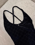 Chanel 23 Coco beach black suede plaid one-piece swimsuit