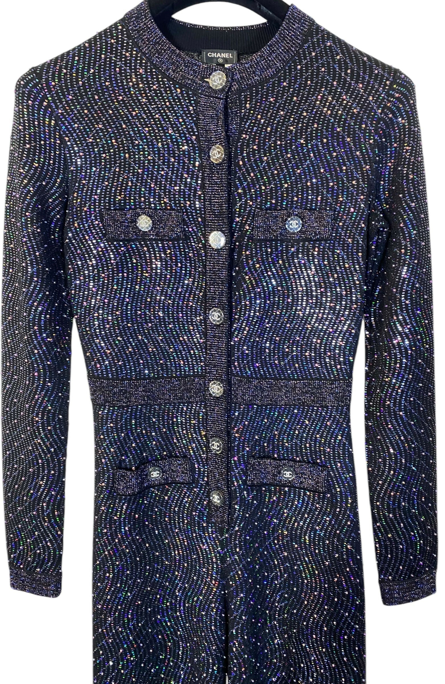 Stunning Chanel 21K Beaded Crystal Sequin Navy Black Iridescent Jumpsuit FR 36