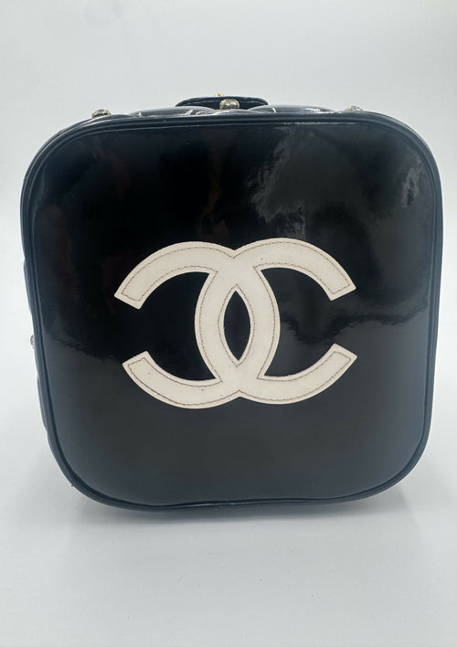 Chanel 1995 Vintage Barbie Black Rhinestone Heart-Mirror Vanity Case Bag