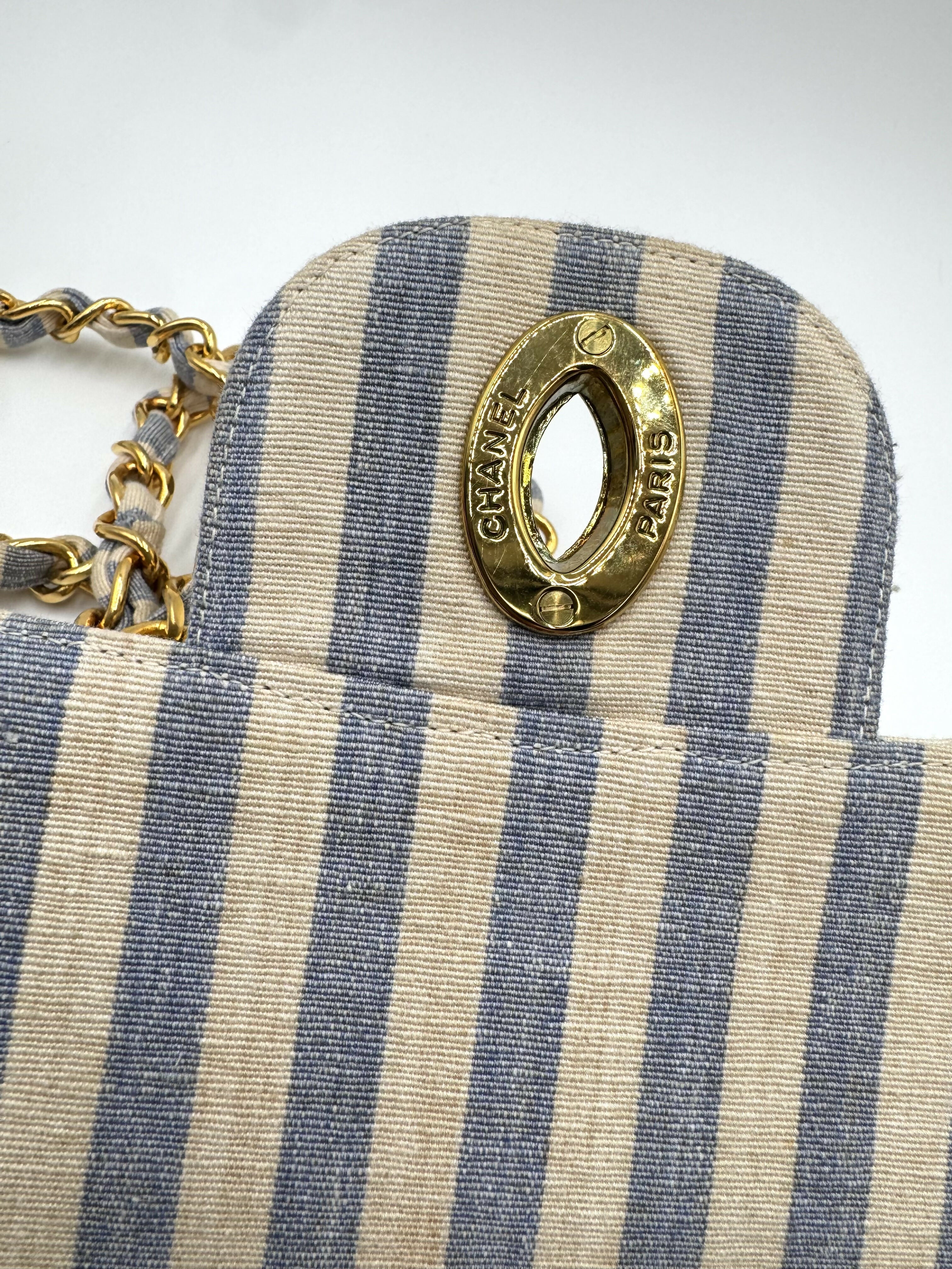 Chanel Vintage 1990s Jumbo Blue and White Striped Linen and Cotton Classic Flap Bag