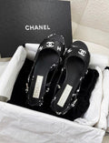 Chanel 22S  Black and White Double C Full Logo Slingback sandals