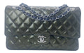 Chanel Medium Dark Green Straited Patent Leather Double Flap Timeless Classic Bag SHW