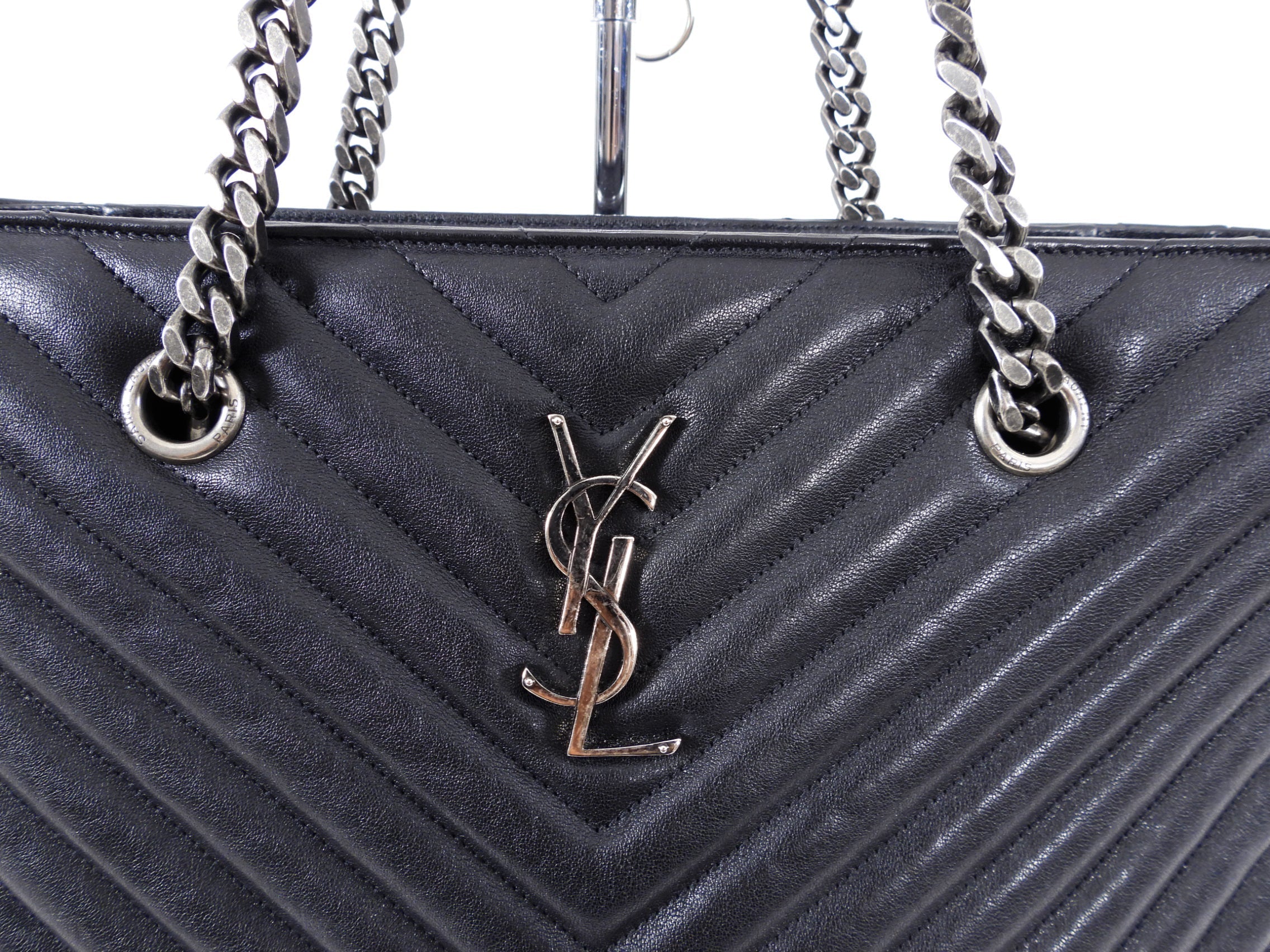 Saint Laurent Black Logo Chevron Quilted Chain Tote Bag